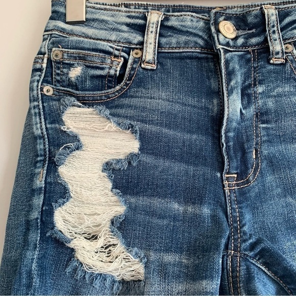 AEO Next Level Stretch Hi-rise Shortie Distressed Fray Denim Shorts - Picture 5 of 13